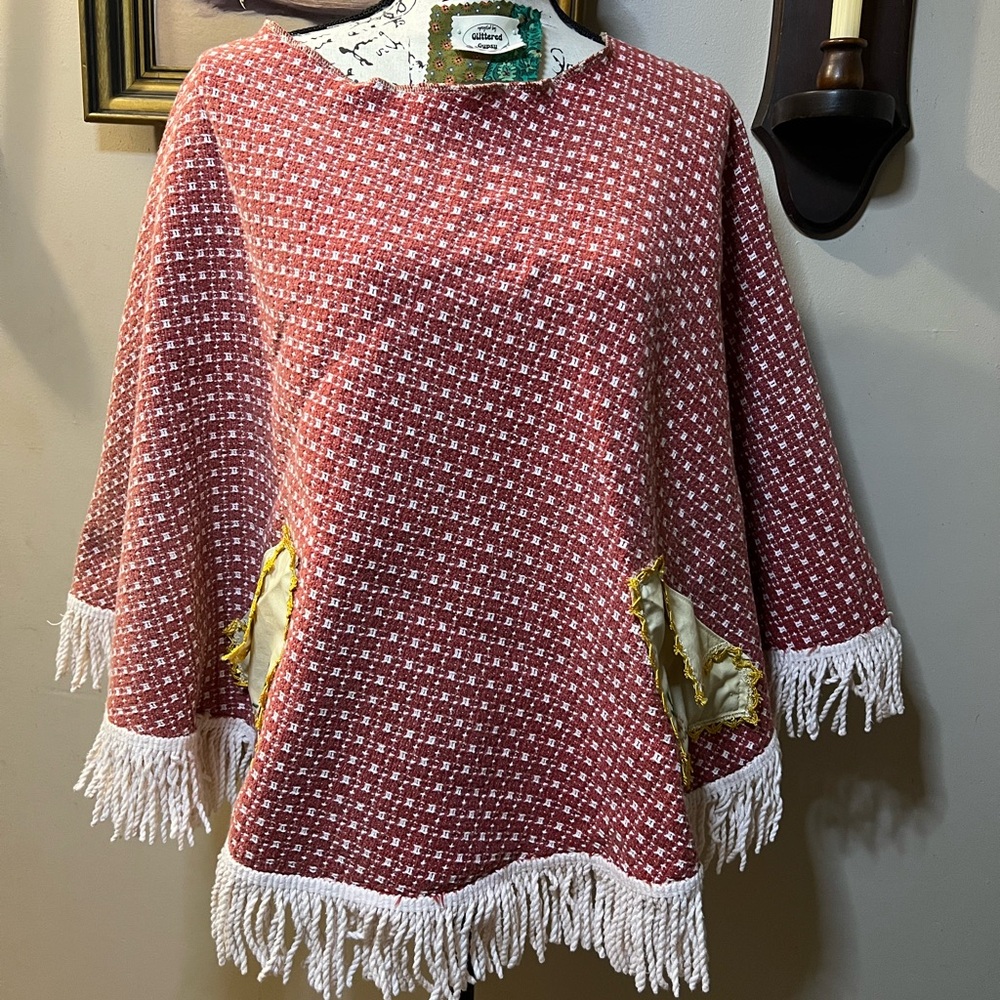 Chic Red and White Poncho with Fringe
